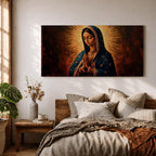 Panoramic religious painting of the Virgin Mary praying with hands together and head bowed, surrounded by a radiant golden halo against a warm dark background.