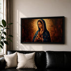 Panoramic religious painting of the Virgin Mary praying with hands together and head bowed, surrounded by a radiant golden halo against a warm dark background.