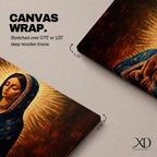 Panoramic religious painting of the Virgin Mary praying with hands together and head bowed, surrounded by a radiant golden halo against a warm dark background.