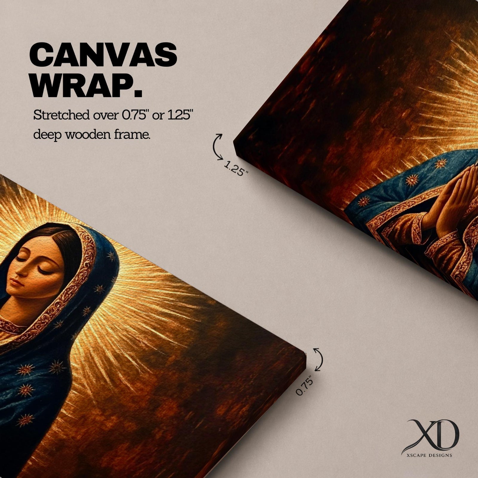 Panoramic religious painting of the Virgin Mary praying with hands together and head bowed, surrounded by a radiant golden halo against a warm dark background.
