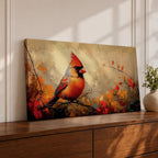 Panoramic painting of a bright red cardinal perched on a thin branch surrounded by warm autumn foliage with textured painterly brushstrokes and glowing seasonal tones.