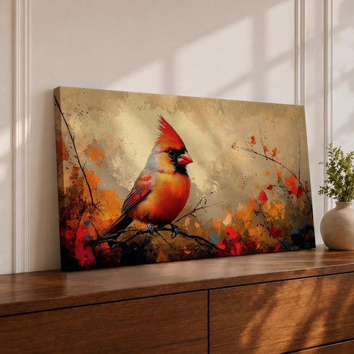 Panoramic painting of a bright red cardinal perched on a thin branch surrounded by warm autumn foliage with textured painterly brushstrokes and glowing seasonal tones.