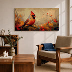 Panoramic painting of a bright red cardinal perched on a thin branch surrounded by warm autumn foliage with textured painterly brushstrokes and glowing seasonal tones.