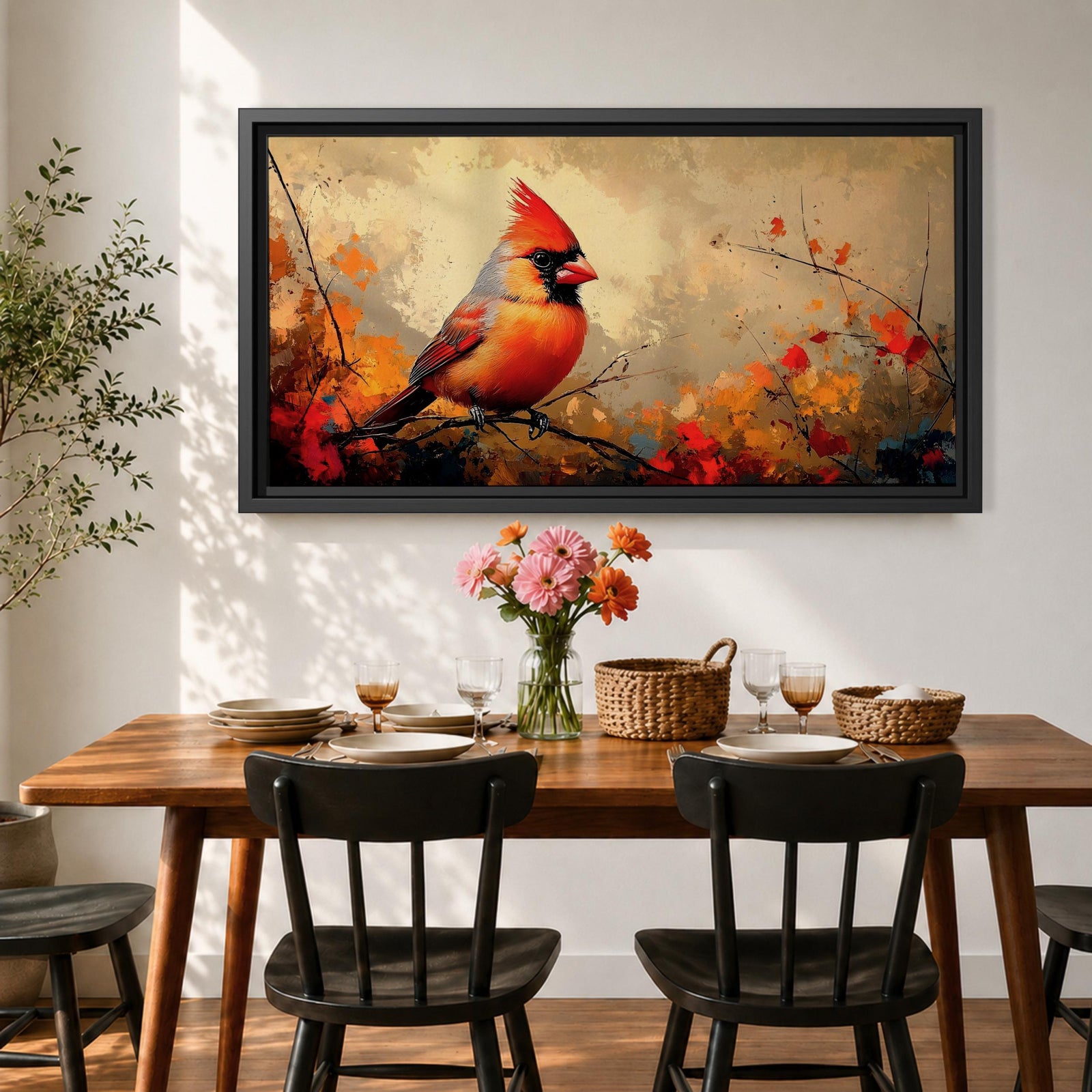 Panoramic painting of a bright red cardinal perched on a thin branch surrounded by warm autumn foliage with textured painterly brushstrokes and glowing seasonal tones.