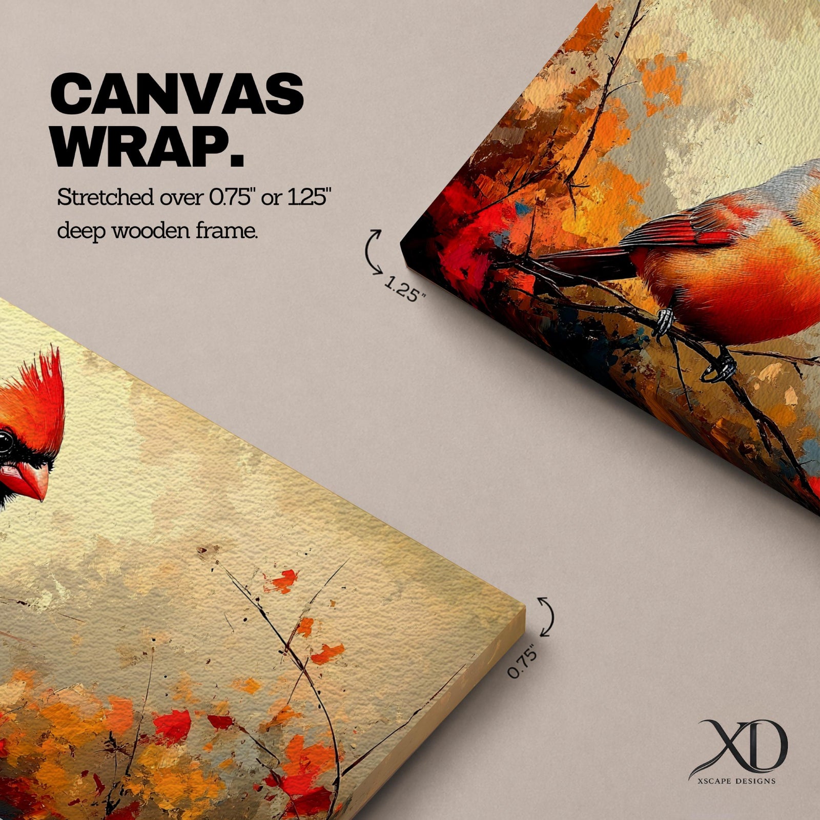 Panoramic painting of a bright red cardinal perched on a thin branch surrounded by warm autumn foliage with textured painterly brushstrokes and glowing seasonal tones.