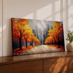 Panoramic painting of a wide autumn avenue lined with vibrant orange trees leading toward a distant New York skyline with tall city buildings under a soft sky.