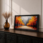 Panoramic painting of a wide autumn avenue lined with vibrant orange trees leading toward a distant New York skyline with tall city buildings under a soft sky.