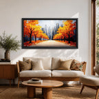 Panoramic painting of a wide autumn avenue lined with vibrant orange trees leading toward a distant New York skyline with tall city buildings under a soft sky.