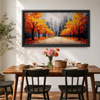 Panoramic painting of a wide autumn avenue lined with vibrant orange trees leading toward a distant New York skyline with tall city buildings under a soft sky.