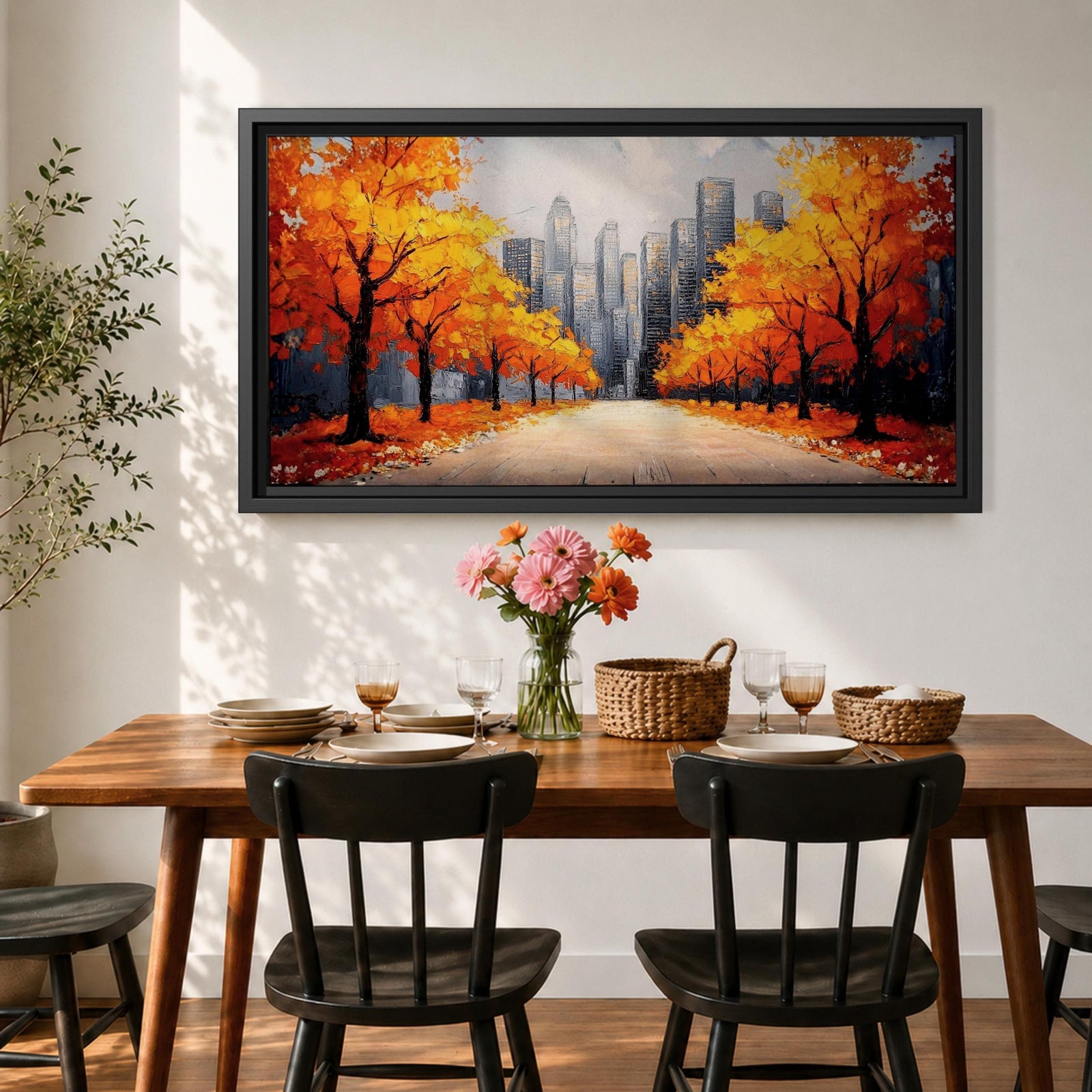 Panoramic painting of a wide autumn avenue lined with vibrant orange trees leading toward a distant New York skyline with tall city buildings under a soft sky.