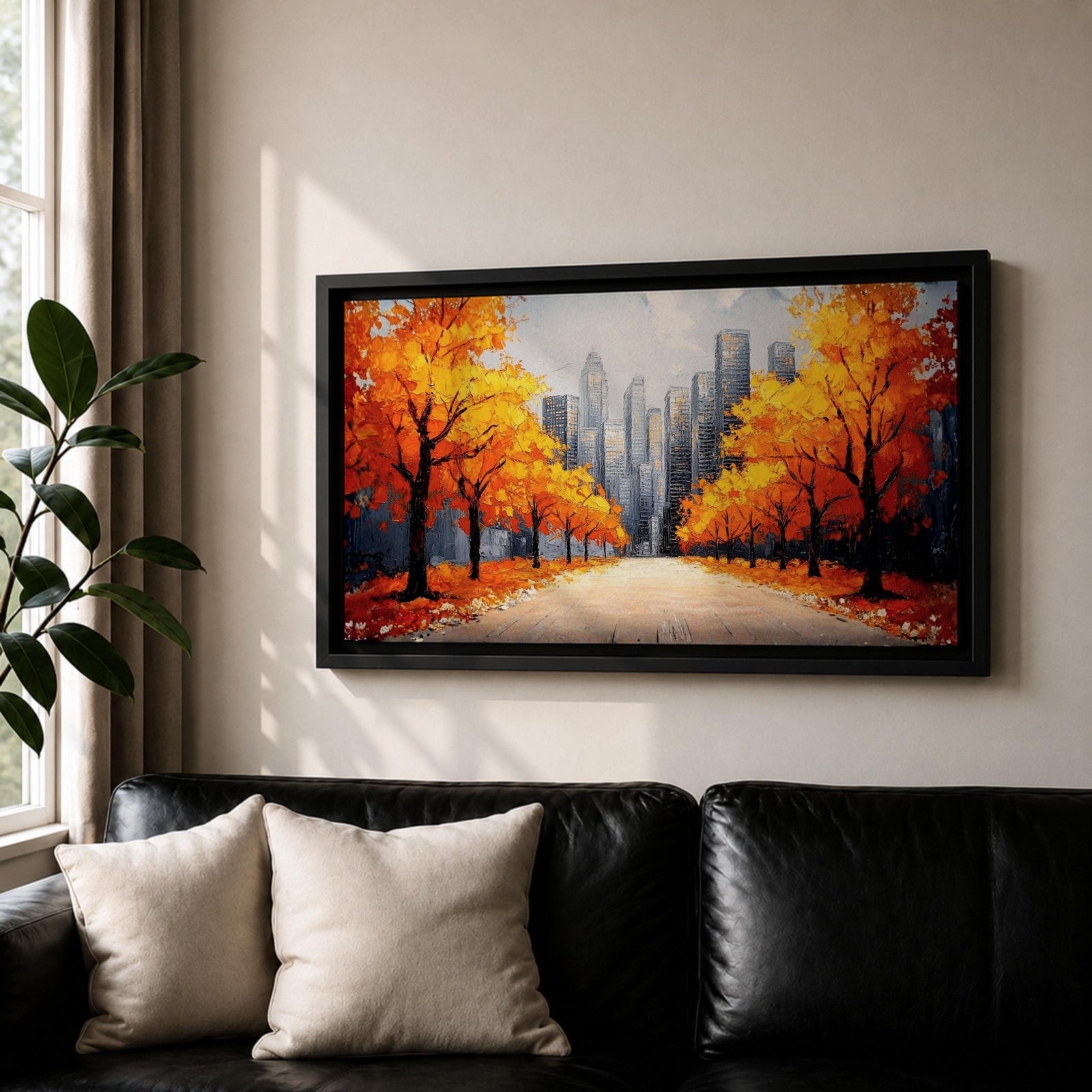 Panoramic painting of a wide autumn avenue lined with vibrant orange trees leading toward a distant New York skyline with tall city buildings under a soft sky.
