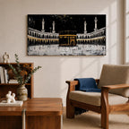 Panoramic artwork of the Kaaba at Masjid al-Haram in Mecca with black and gold accents surrounded by mosque arches and tall minarets against a dark night background.