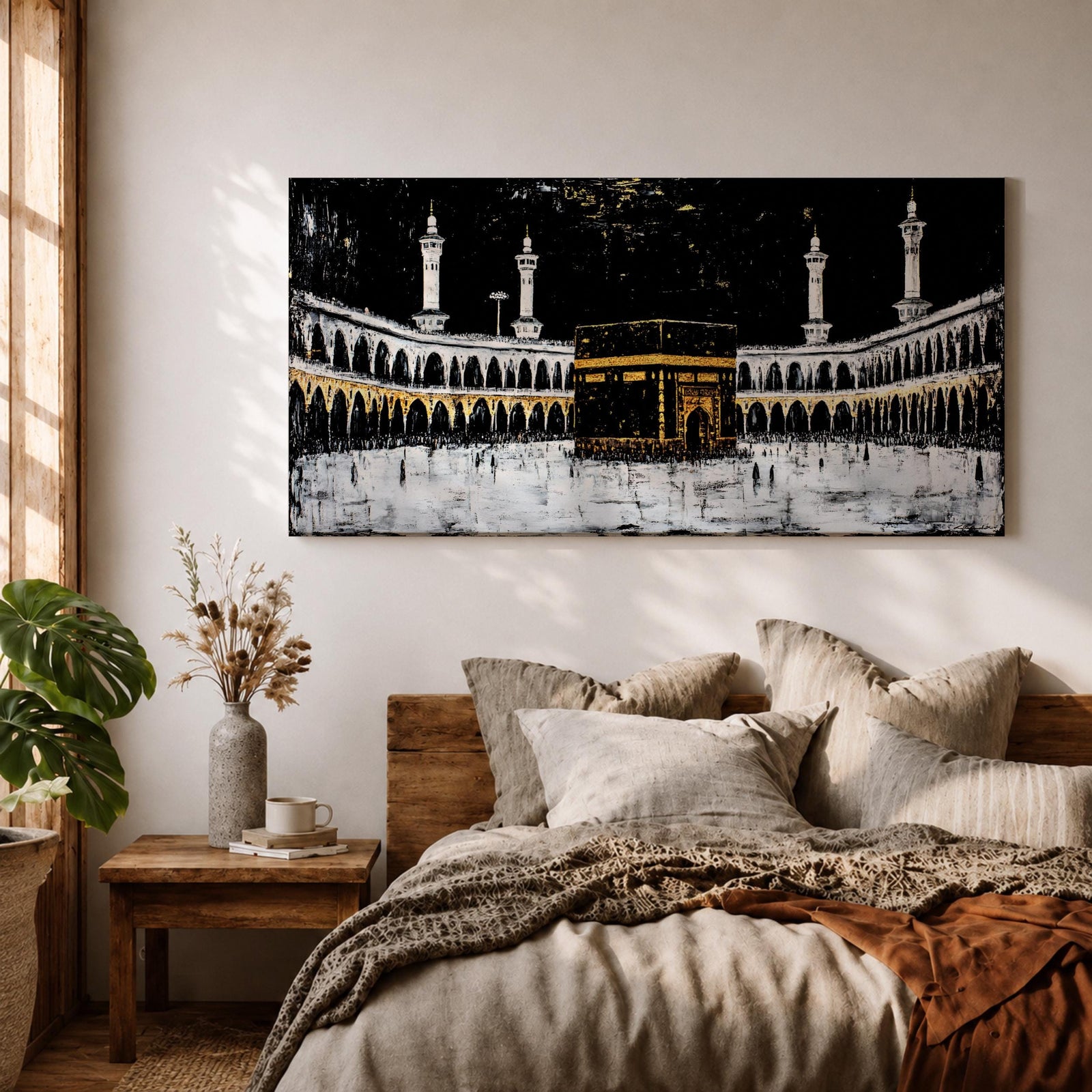 Panoramic artwork of the Kaaba at Masjid al-Haram in Mecca with black and gold accents surrounded by mosque arches and tall minarets against a dark night background.