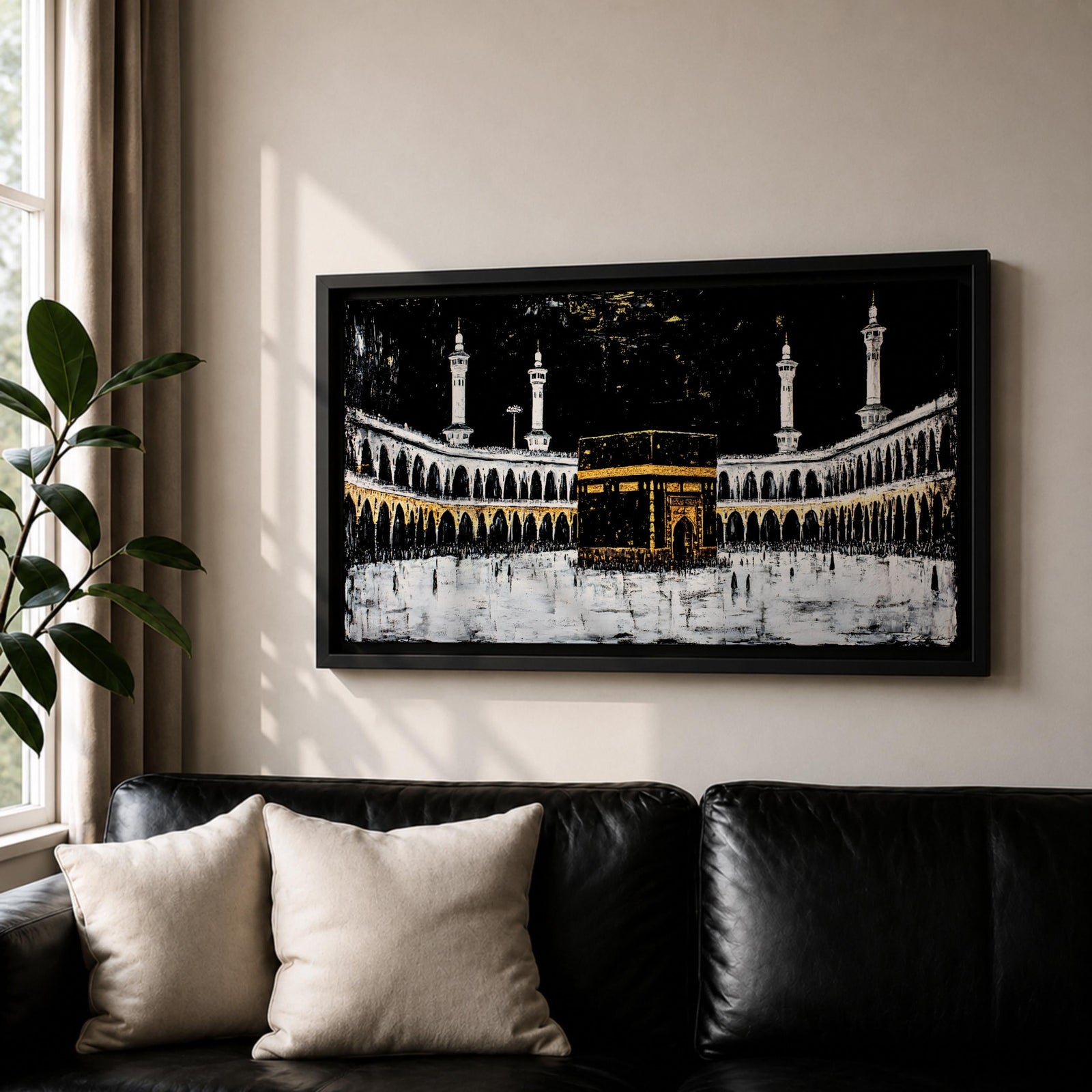 Panoramic artwork of the Kaaba at Masjid al-Haram in Mecca with black and gold accents surrounded by mosque arches and tall minarets against a dark night background.