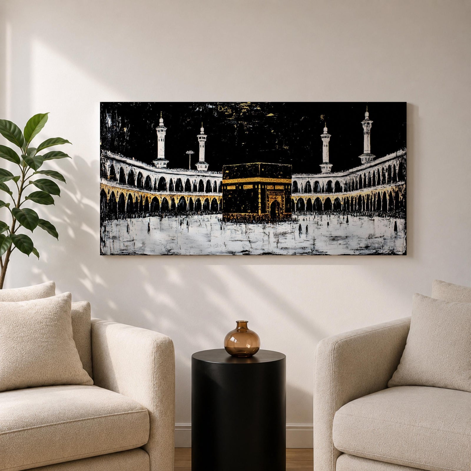 Panoramic artwork of the Kaaba at Masjid al-Haram in Mecca with black and gold accents surrounded by mosque arches and tall minarets against a dark night background.