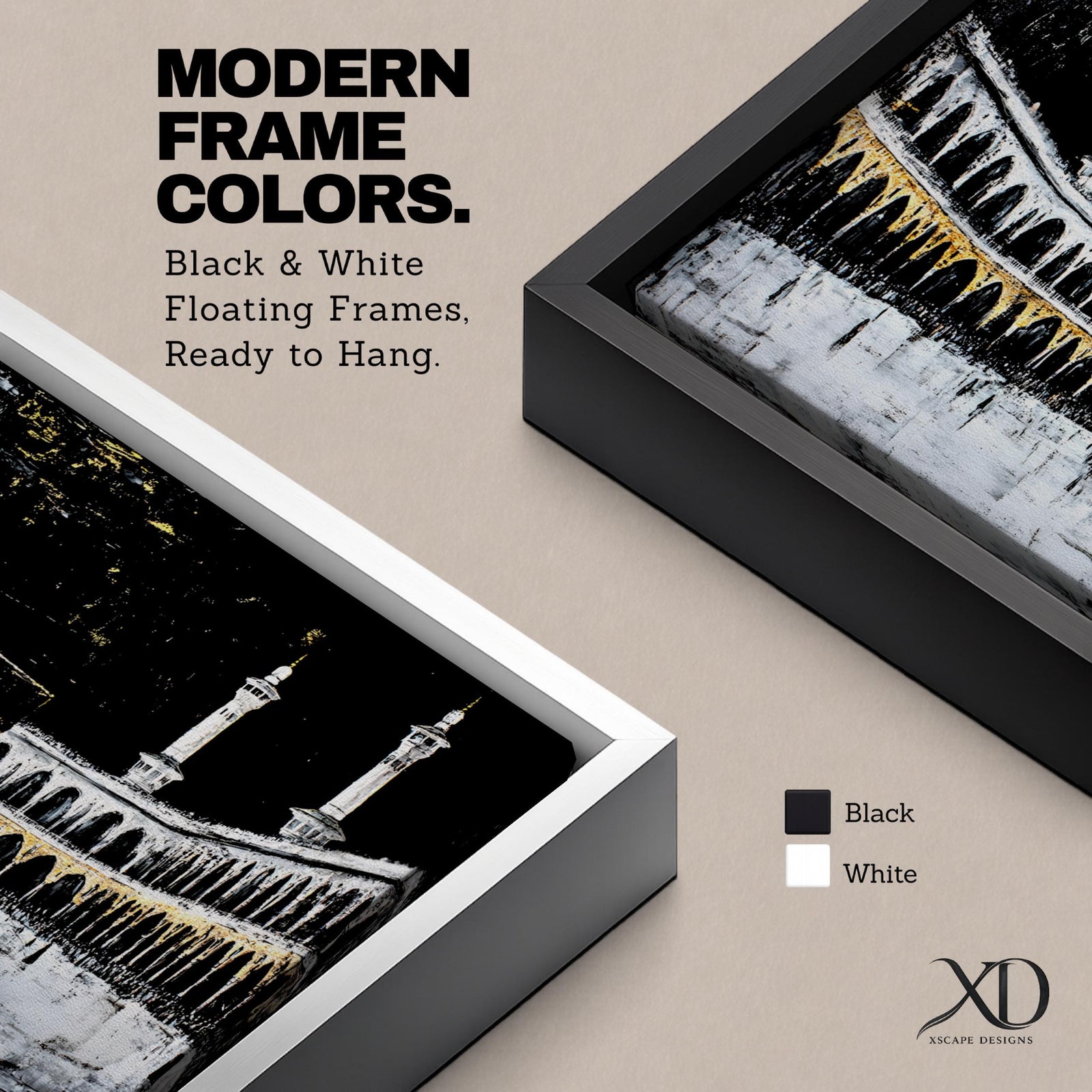 Panoramic artwork of the Kaaba at Masjid al-Haram in Mecca with black and gold accents surrounded by mosque arches and tall minarets against a dark night background.