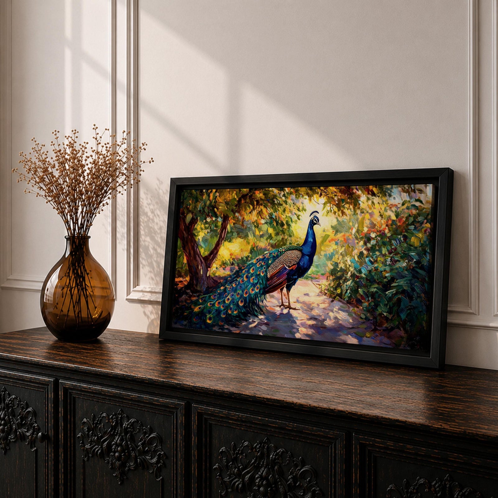 Panoramic painting of a vibrant peacock standing on a sunlit garden path with lush greenery and colorful foliage surrounding its long iridescent tail feathers.