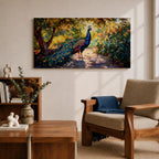 Panoramic painting of a vibrant peacock standing on a sunlit garden path with lush greenery and colorful foliage surrounding its long iridescent tail feathers.