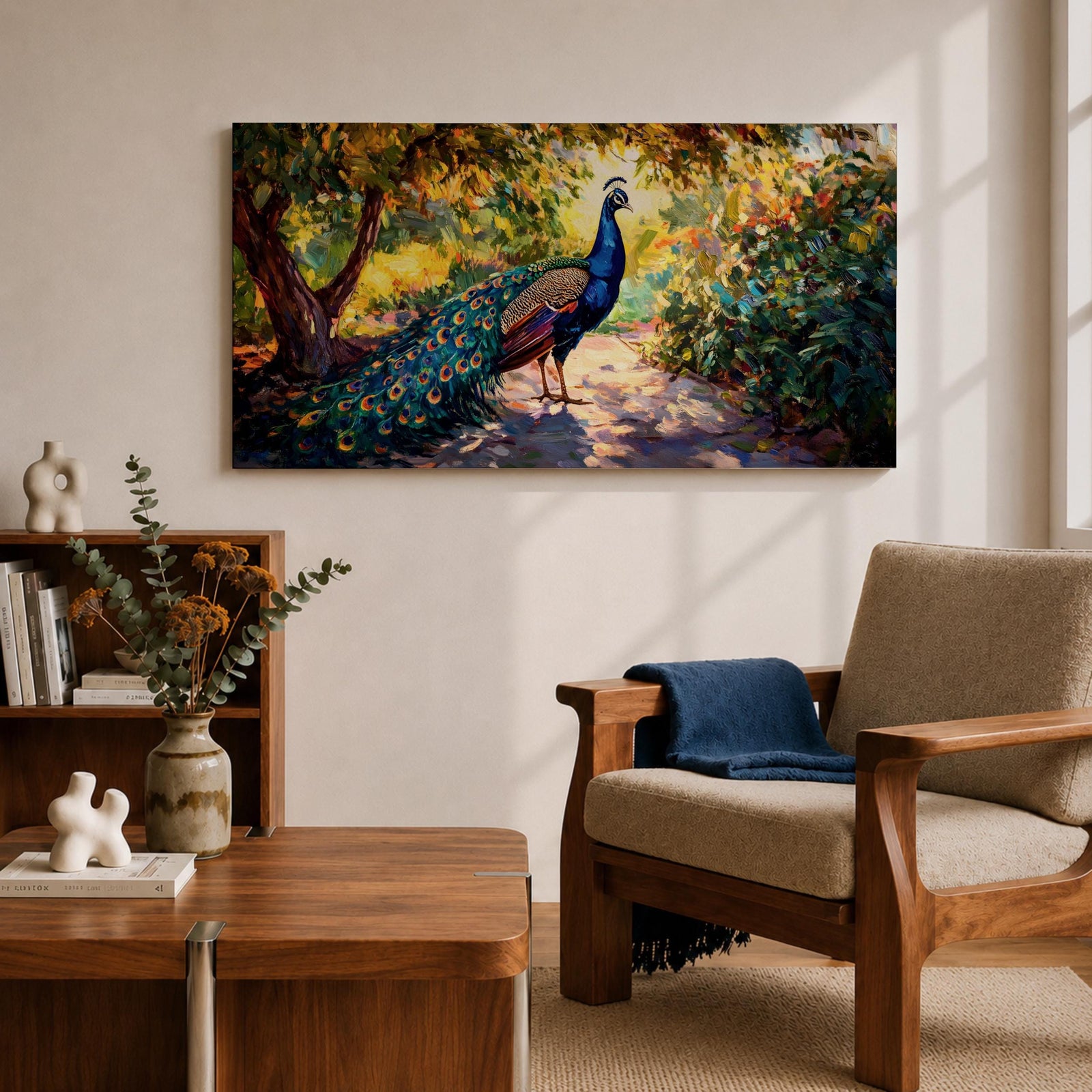 Panoramic painting of a vibrant peacock standing on a sunlit garden path with lush greenery and colorful foliage surrounding its long iridescent tail feathers.