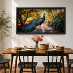 Panoramic painting of a vibrant peacock standing on a sunlit garden path with lush greenery and colorful foliage surrounding its long iridescent tail feathers.