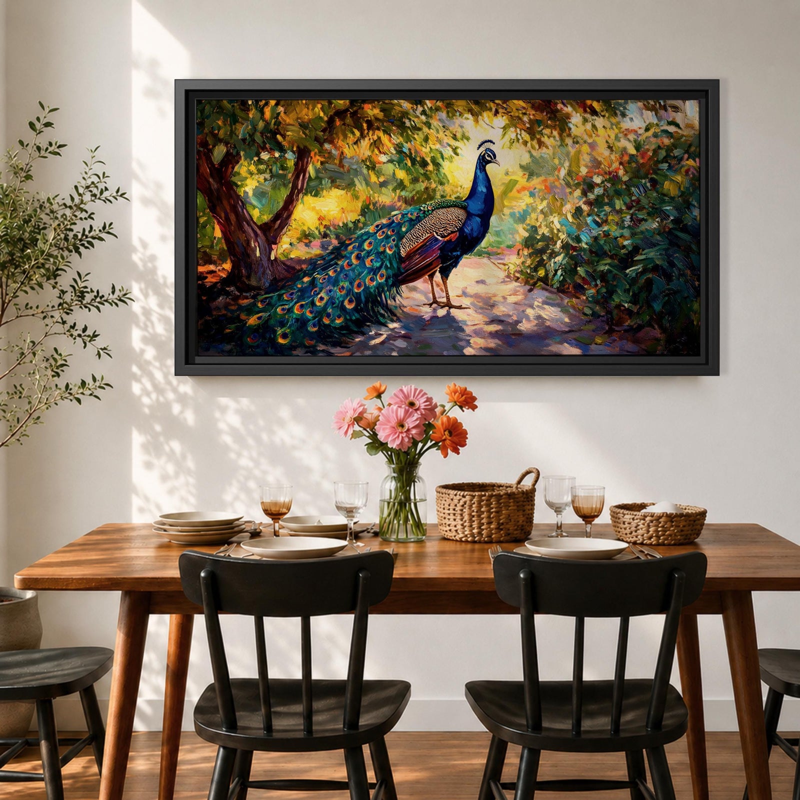 Panoramic painting of a vibrant peacock standing on a sunlit garden path with lush greenery and colorful foliage surrounding its long iridescent tail feathers.