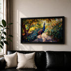 Panoramic painting of a vibrant peacock standing on a sunlit garden path with lush greenery and colorful foliage surrounding its long iridescent tail feathers.