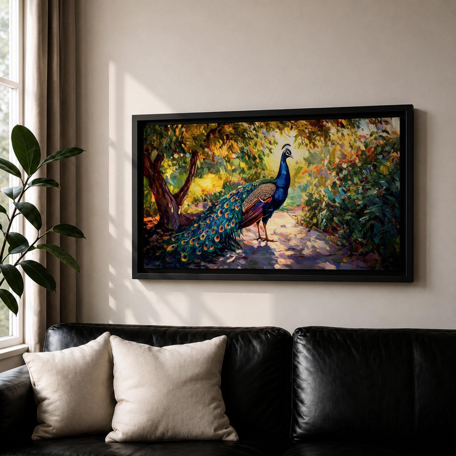 Panoramic painting of a vibrant peacock standing on a sunlit garden path with lush greenery and colorful foliage surrounding its long iridescent tail feathers.