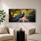 Panoramic painting of a vibrant peacock standing on a sunlit garden path with lush greenery and colorful foliage surrounding its long iridescent tail feathers.