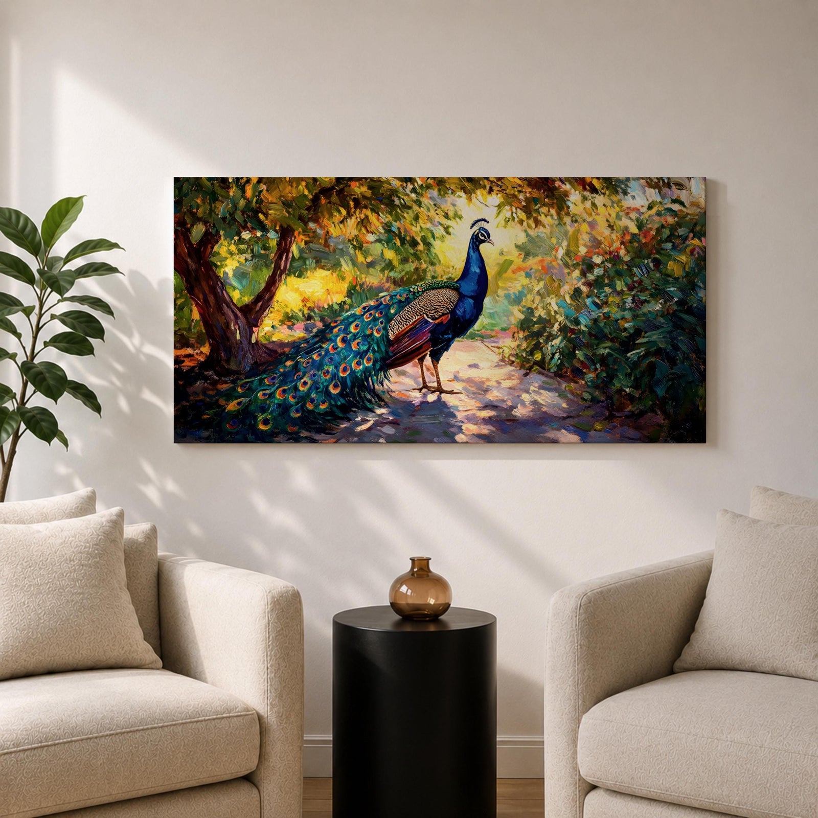 Panoramic painting of a vibrant peacock standing on a sunlit garden path with lush greenery and colorful foliage surrounding its long iridescent tail feathers.