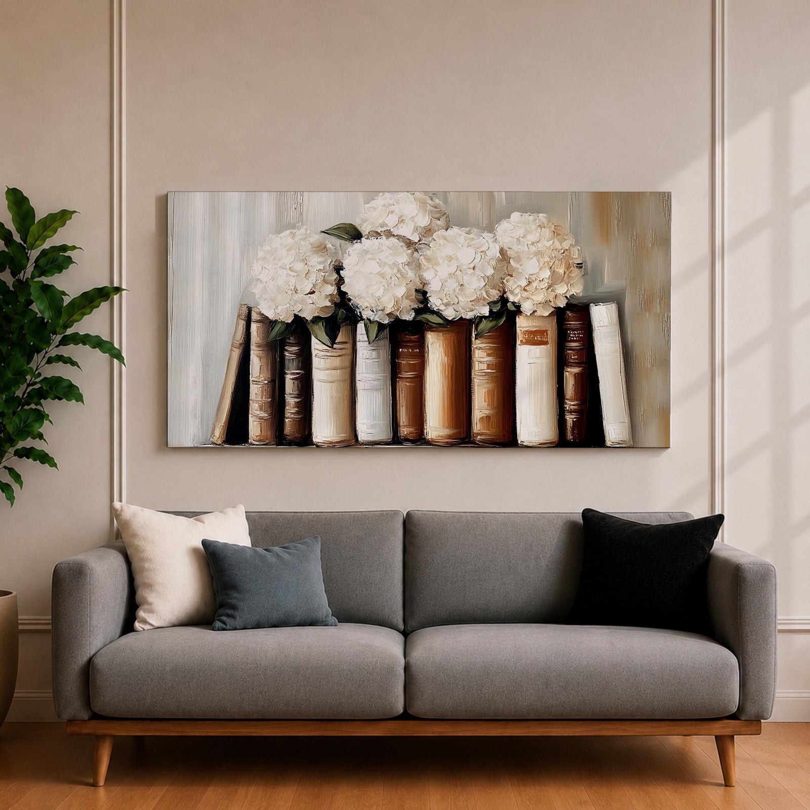 Panoramic still life painting of white hydrangea flowers arranged inside stacked vintage books with neutral beige and cream tones in a soft textured background.