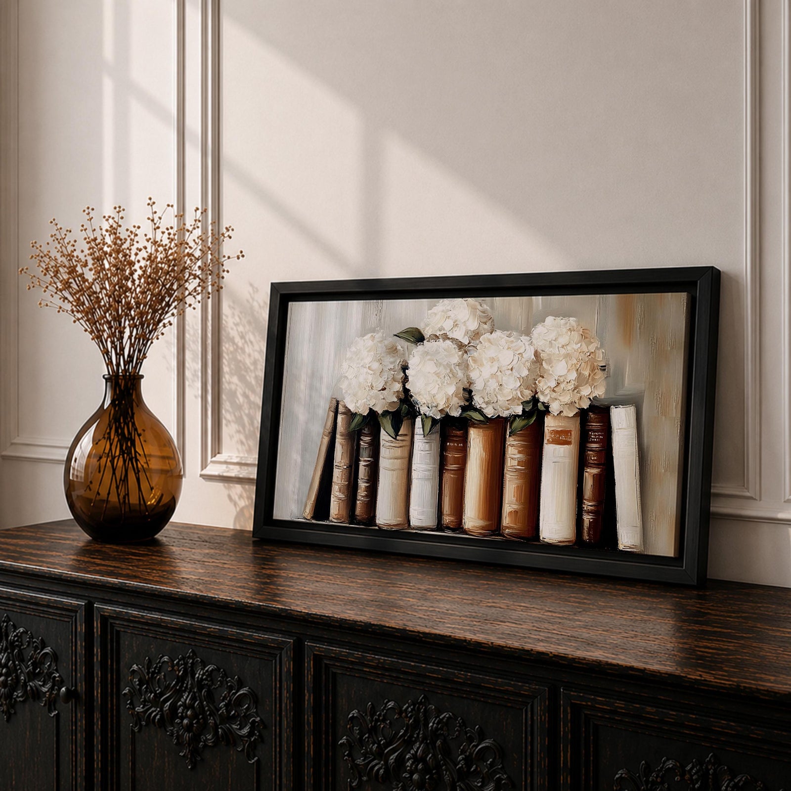 Panoramic still life painting of white hydrangea flowers arranged inside stacked vintage books with neutral beige and cream tones in a soft textured background.
