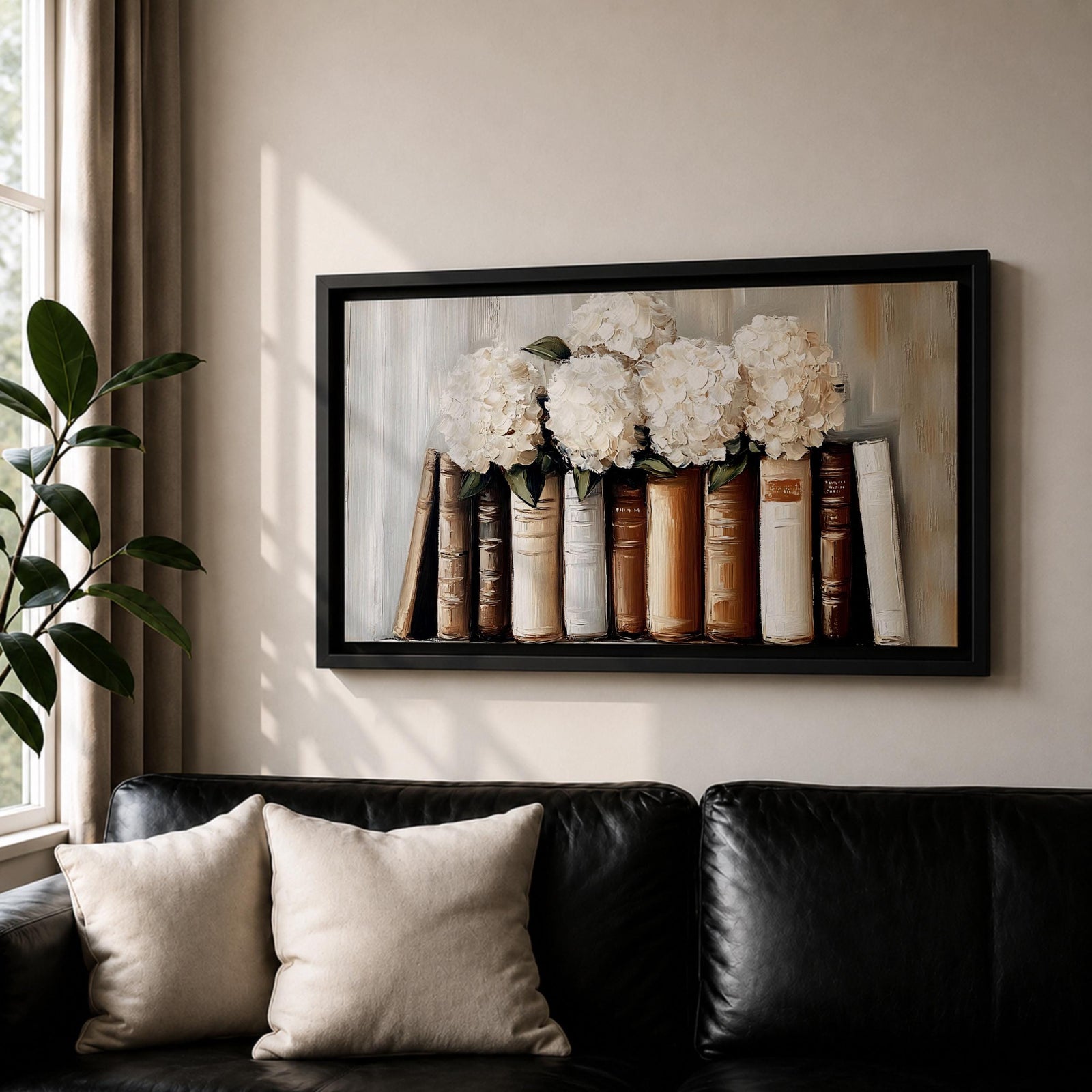 Panoramic still life painting of white hydrangea flowers arranged inside stacked vintage books with neutral beige and cream tones in a soft textured background.