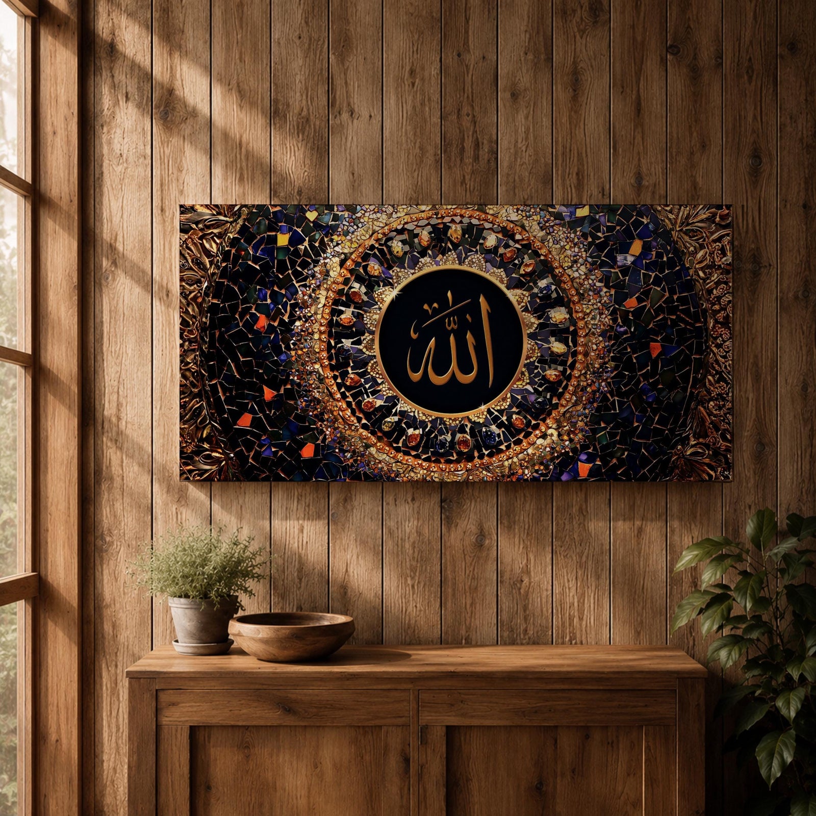 Panoramic artwork featuring golden Arabic calligraphy of Allah centered within an ornate circular Islamic mosaic pattern with deep blue, gold, and jewel toned geometric details.