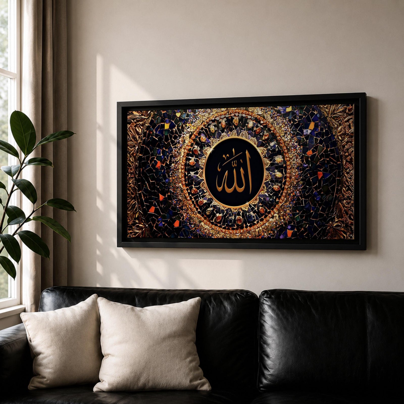 Panoramic artwork featuring golden Arabic calligraphy of Allah centered within an ornate circular Islamic mosaic pattern with deep blue, gold, and jewel toned geometric details.