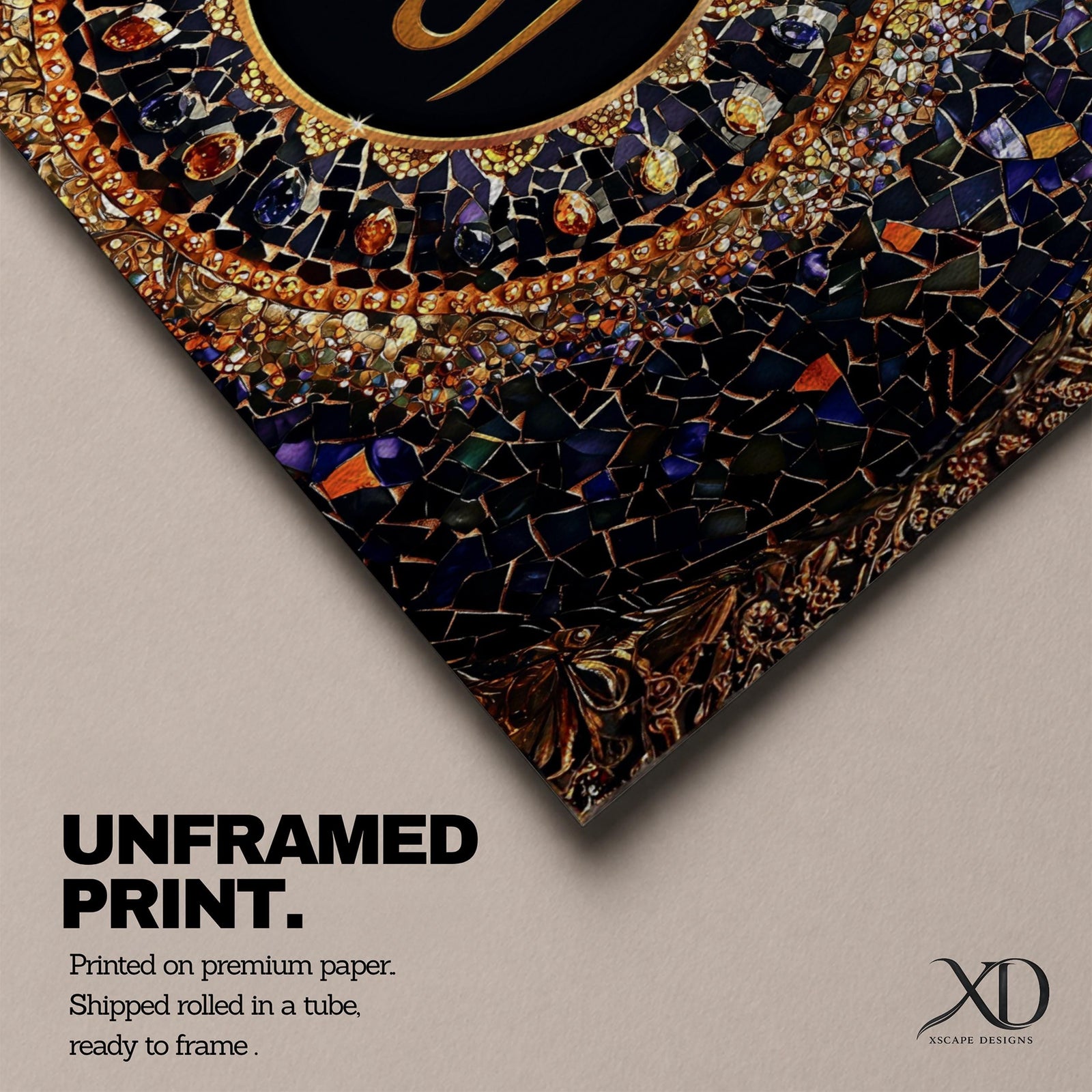 Panoramic artwork featuring golden Arabic calligraphy of Allah centered within an ornate circular Islamic mosaic pattern with deep blue, gold, and jewel toned geometric details.