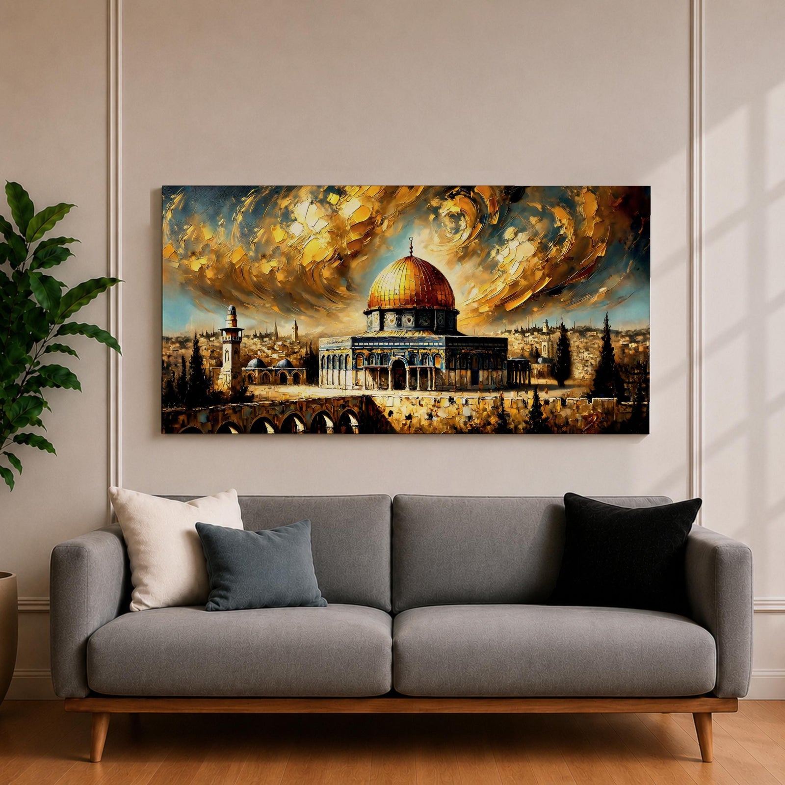 Panoramic painting of the Dome of the Rock with its golden dome rising above Jerusalem architecture under dramatic swirling golden clouds and historic Islamic architecture.