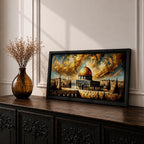 Panoramic painting of the Dome of the Rock with its golden dome rising above Jerusalem architecture under dramatic swirling golden clouds and historic Islamic architecture.