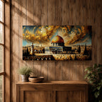 Panoramic painting of the Dome of the Rock with its golden dome rising above Jerusalem architecture under dramatic swirling golden clouds and historic Islamic architecture.