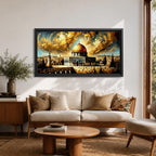 Panoramic painting of the Dome of the Rock with its golden dome rising above Jerusalem architecture under dramatic swirling golden clouds and historic Islamic architecture.
