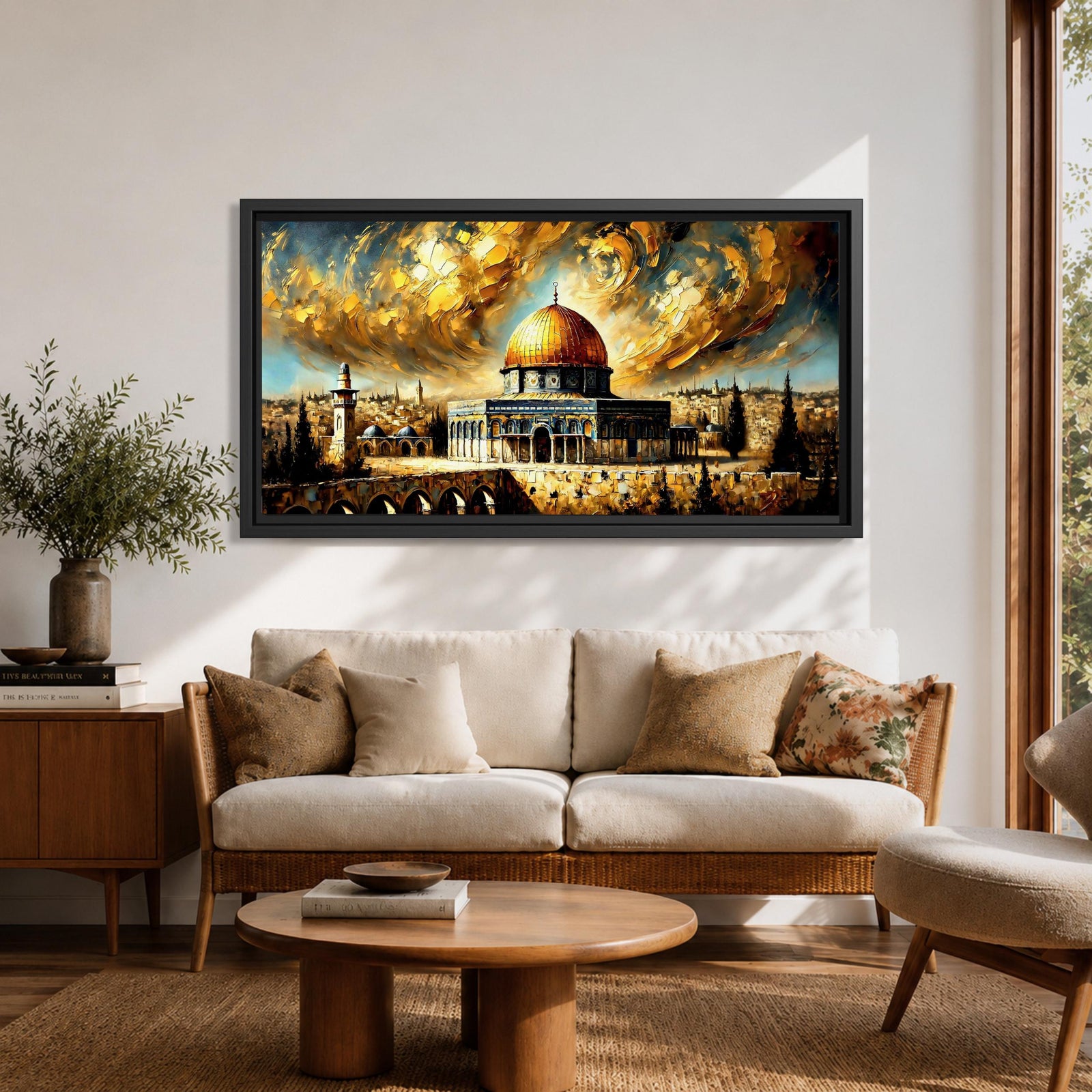 Panoramic painting of the Dome of the Rock with its golden dome rising above Jerusalem architecture under dramatic swirling golden clouds and historic Islamic architecture.