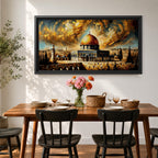 Panoramic painting of the Dome of the Rock with its golden dome rising above Jerusalem architecture under dramatic swirling golden clouds and historic Islamic architecture.