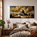 Panoramic painting of the Dome of the Rock with its golden dome rising above Jerusalem architecture under dramatic swirling golden clouds and historic Islamic architecture.