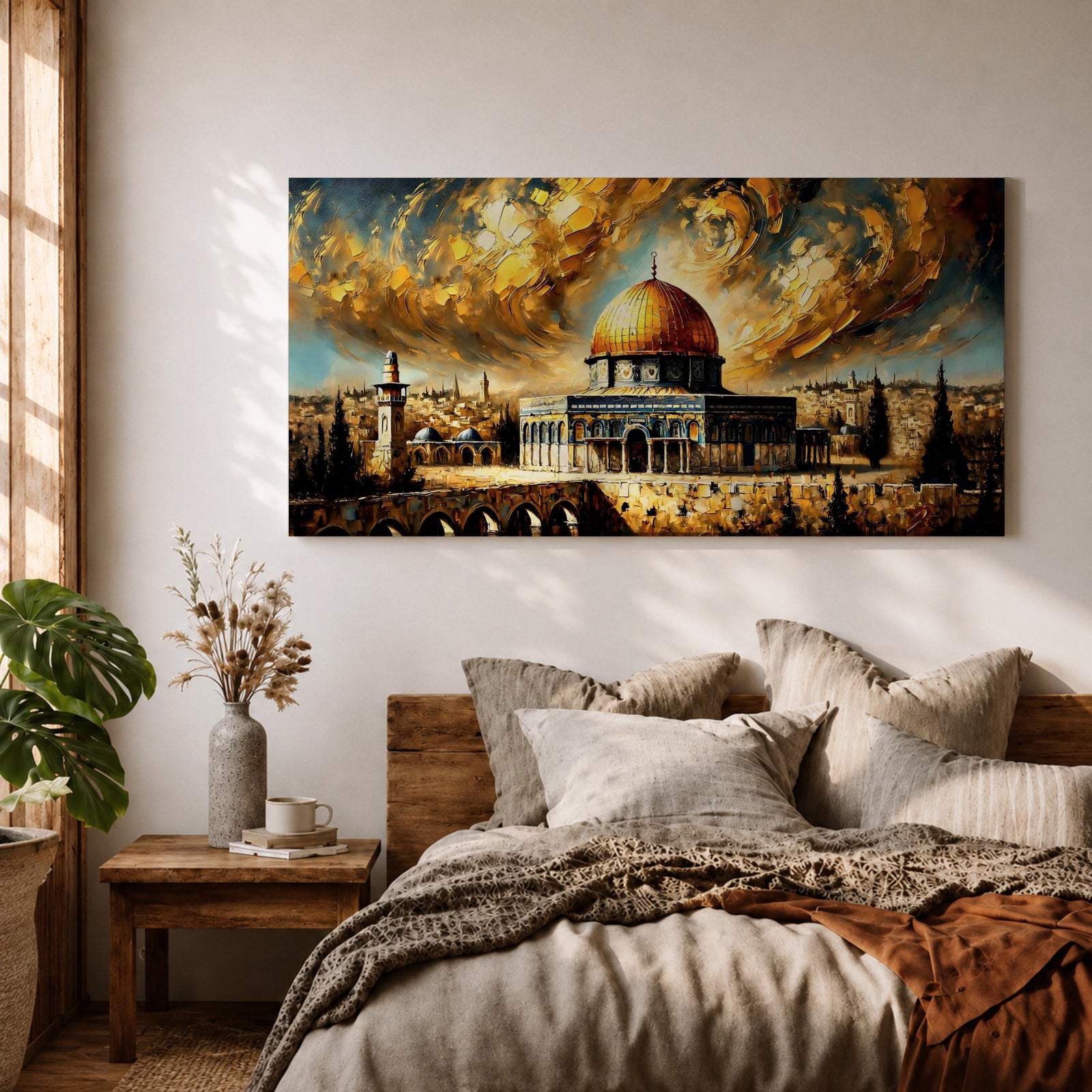Panoramic painting of the Dome of the Rock with its golden dome rising above Jerusalem architecture under dramatic swirling golden clouds and historic Islamic architecture.