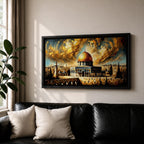 Panoramic painting of the Dome of the Rock with its golden dome rising above Jerusalem architecture under dramatic swirling golden clouds and historic Islamic architecture.