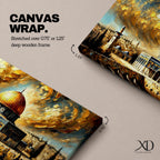 Panoramic painting of the Dome of the Rock with its golden dome rising above Jerusalem architecture under dramatic swirling golden clouds and historic Islamic architecture.