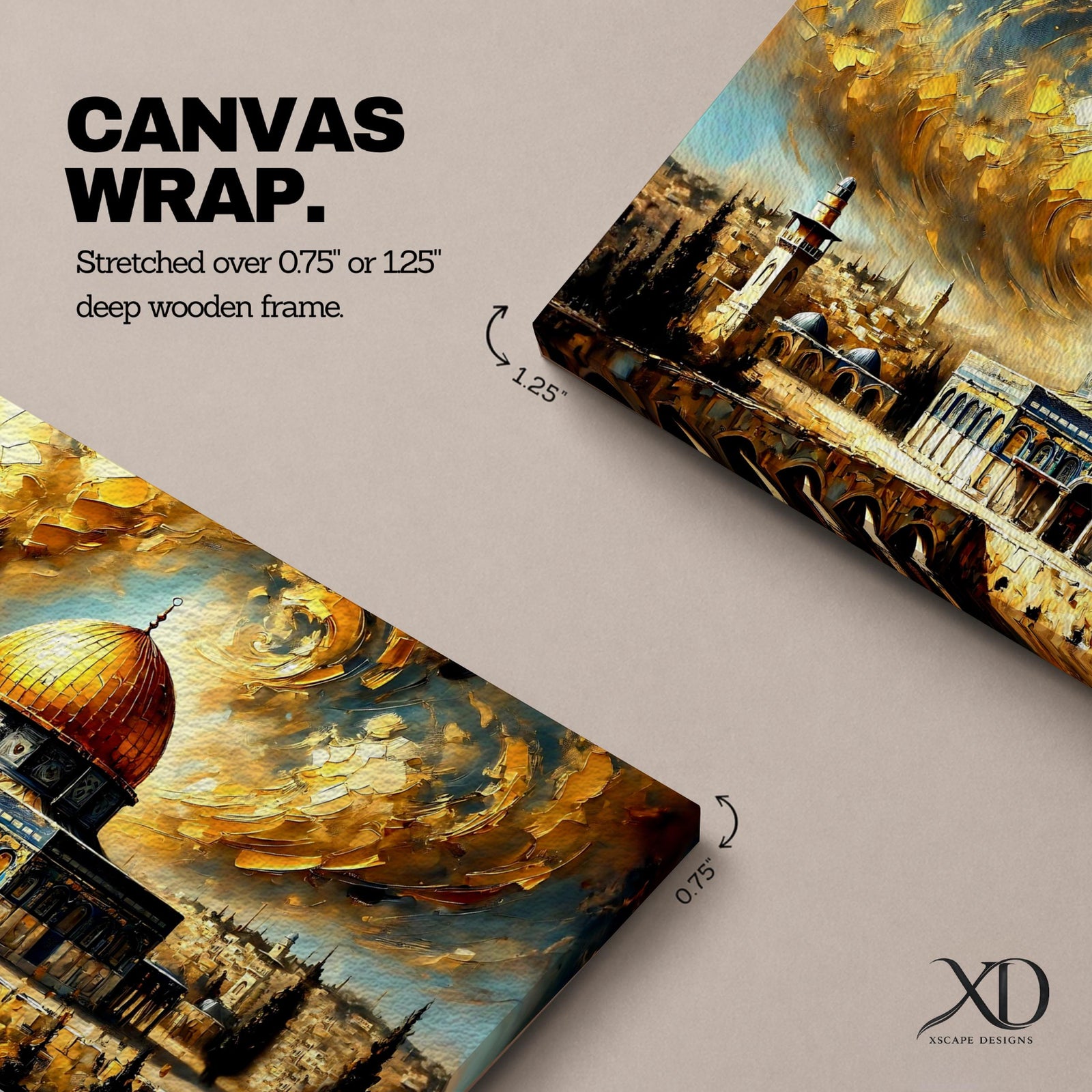 Panoramic painting of the Dome of the Rock with its golden dome rising above Jerusalem architecture under dramatic swirling golden clouds and historic Islamic architecture.