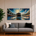 Panoramic painting of the Kaaba at Masjid al-Haram in Mecca surrounded by mosque arches reflecting on polished marble under a bright blue sky.