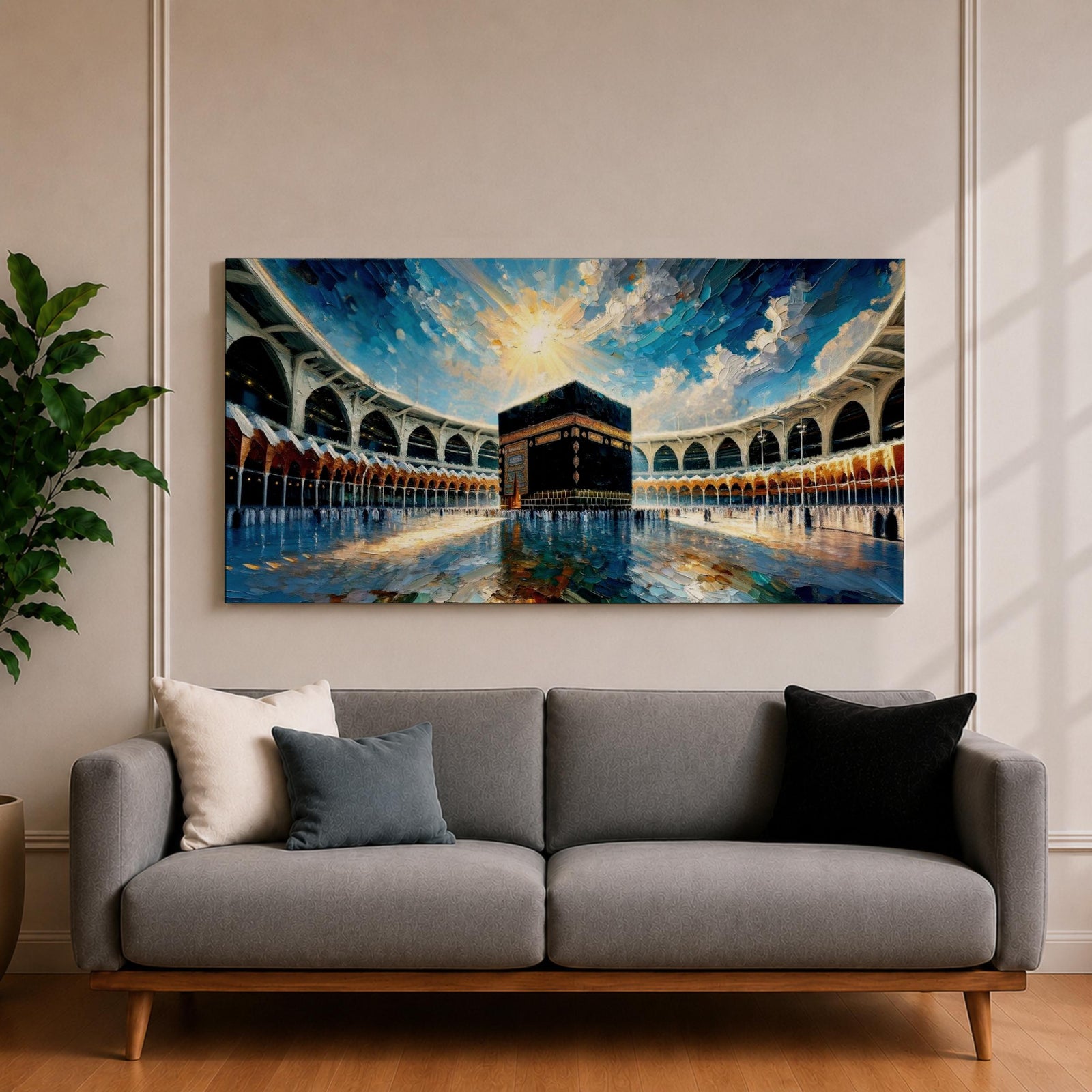Panoramic painting of the Kaaba at Masjid al-Haram in Mecca surrounded by mosque arches reflecting on polished marble under a bright blue sky.