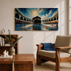 Panoramic painting of the Kaaba at Masjid al-Haram in Mecca surrounded by mosque arches reflecting on polished marble under a bright blue sky.