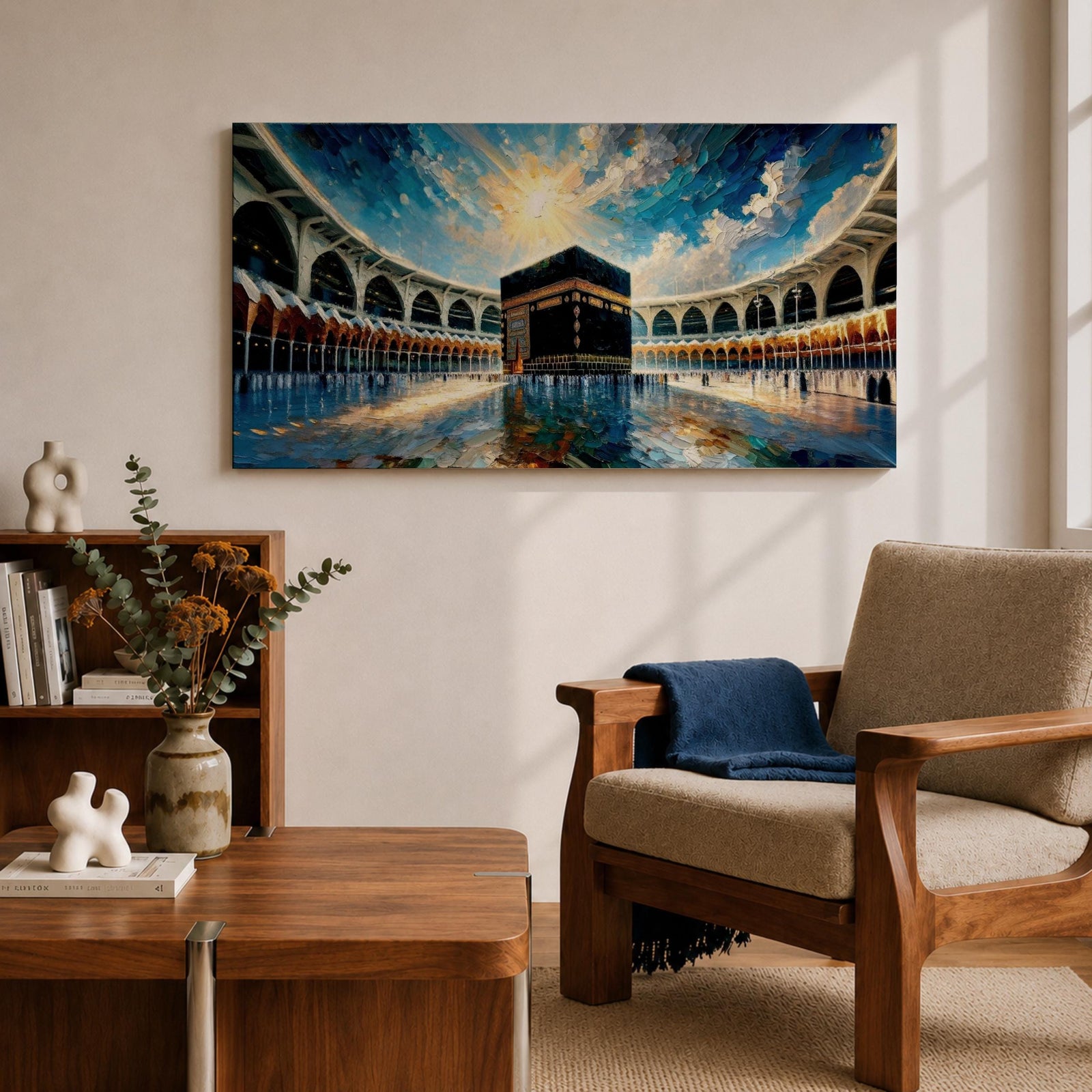 Panoramic painting of the Kaaba at Masjid al-Haram in Mecca surrounded by mosque arches reflecting on polished marble under a bright blue sky.